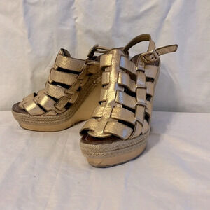 Christian Louboutin Barcelona 120 Espadrille Gold Strappy Wedge Heel Sandal 37